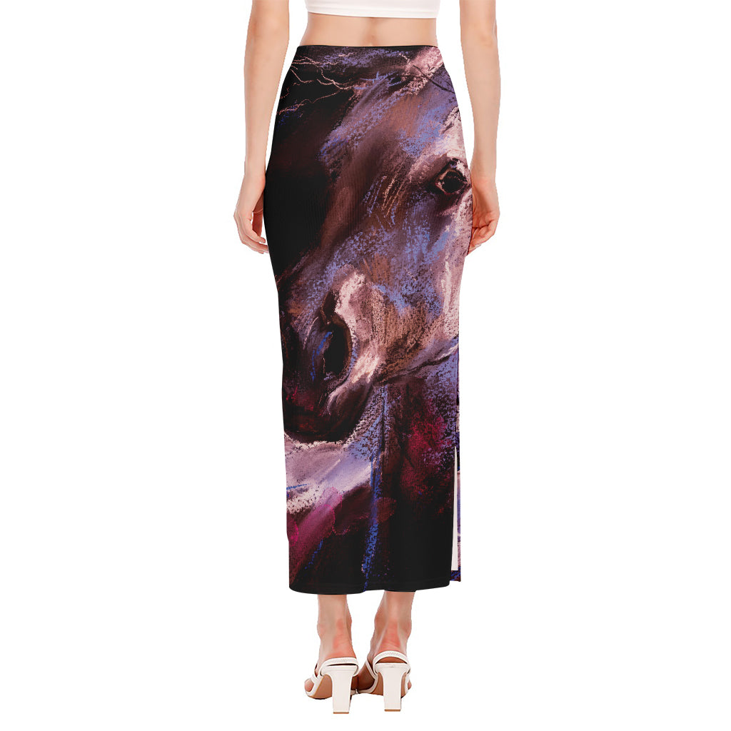 Dark Pink Horse Painting Print Side Slit Maxi Skirt