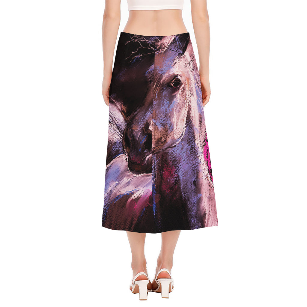 Dark Pink Horse Painting Print Side Slit Midi Skirt