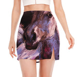 Dark Pink Horse Painting Print Side Slit Mini Skirt