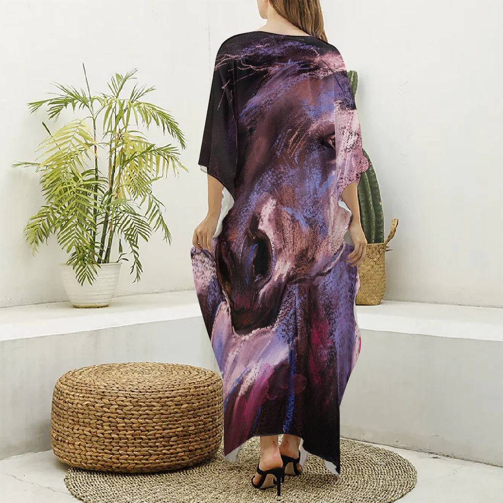 Dark Pink Horse Painting Print Silk V-Neck Kaftan Dress