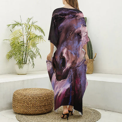 Dark Pink Horse Painting Print Silk V-Neck Kaftan Dress