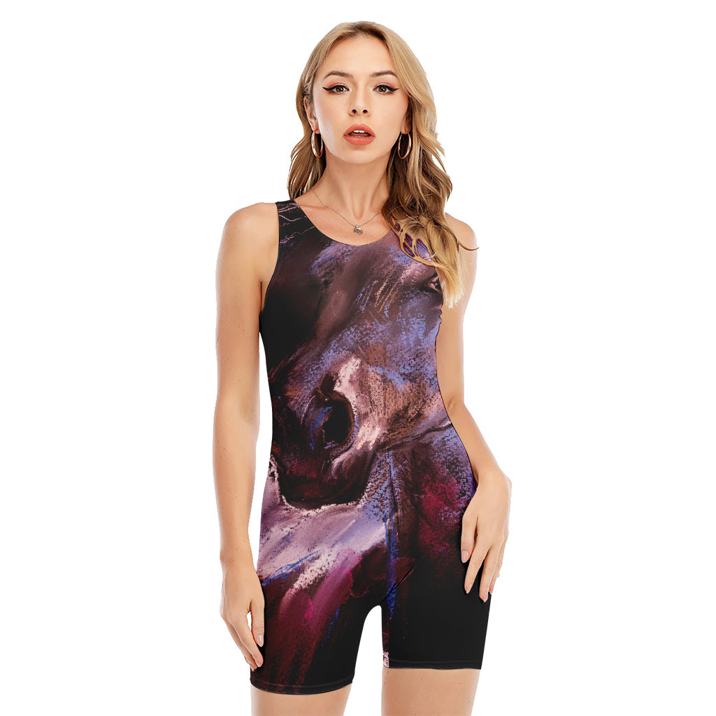 Dark Pink Horse Painting Print Sleeveless One Piece Swimsuit