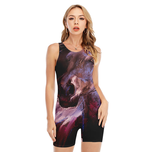 Dark Pink Horse Painting Print Sleeveless One Piece Swimsuit