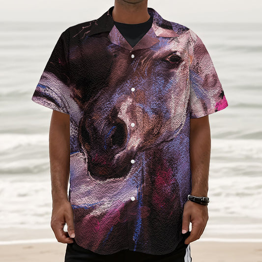 Dark Pink Horse Painting Print Textured Short Sleeve Shirt
