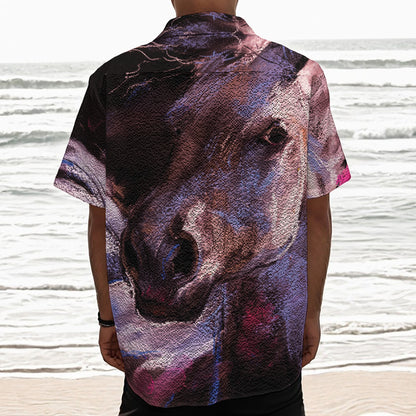 Dark Pink Horse Painting Print Textured Short Sleeve Shirt