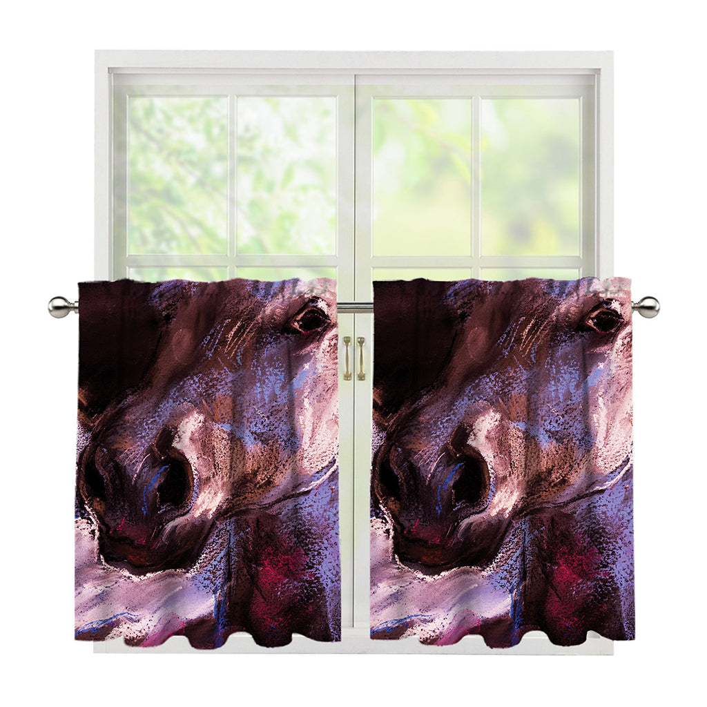 Dark Pink Horse Painting Print Tier Curtains