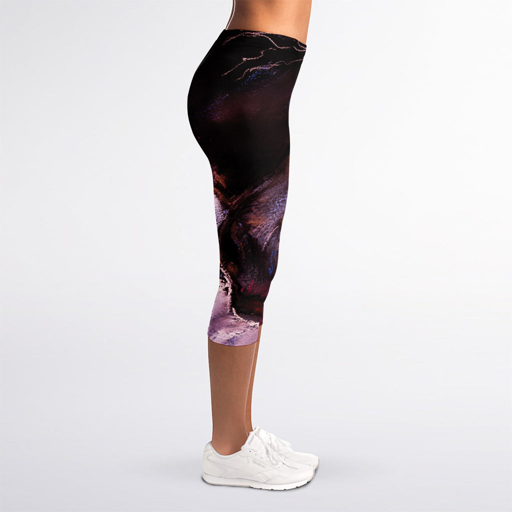 Dark Pink Horse Painting Print Women's Capri Leggings
