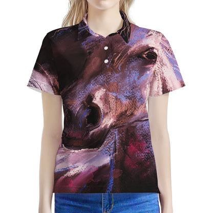 Dark Pink Horse Painting Print Women's Polo Shirt