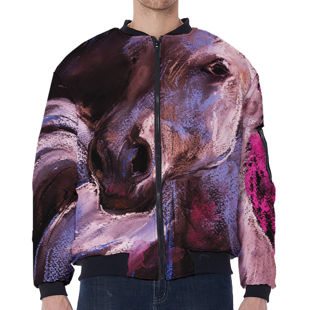 Dark Pink Horse Painting Print Zip Sleeve Bomber Jacket