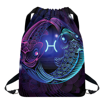Dark Pisces Zodiac Sign Print Drawstring Backpack