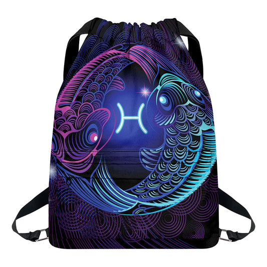 Dark Pisces Zodiac Sign Print Drawstring Backpack