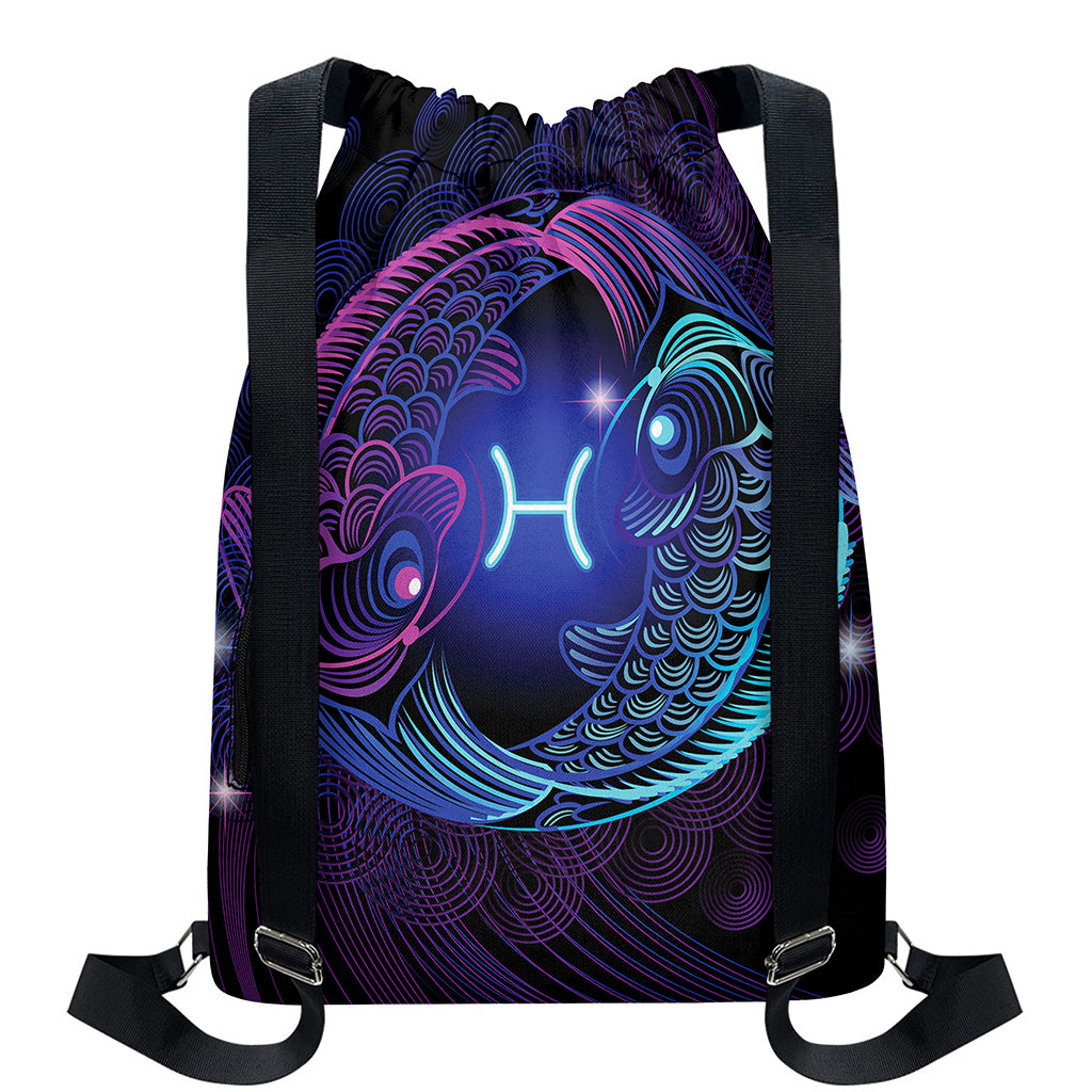 Dark Pisces Zodiac Sign Print Drawstring Backpack