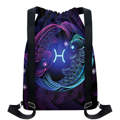 Dark Pisces Zodiac Sign Print Drawstring Backpack
