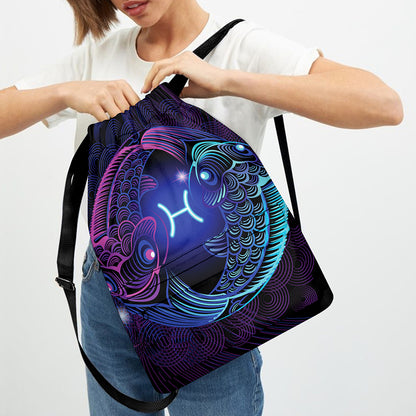Dark Pisces Zodiac Sign Print Drawstring Backpack