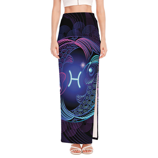 Dark Pisces Zodiac Sign Print High Slit Maxi Skirt