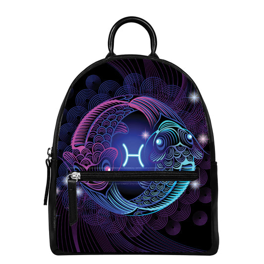 Dark Pisces Zodiac Sign Print Leather Backpack