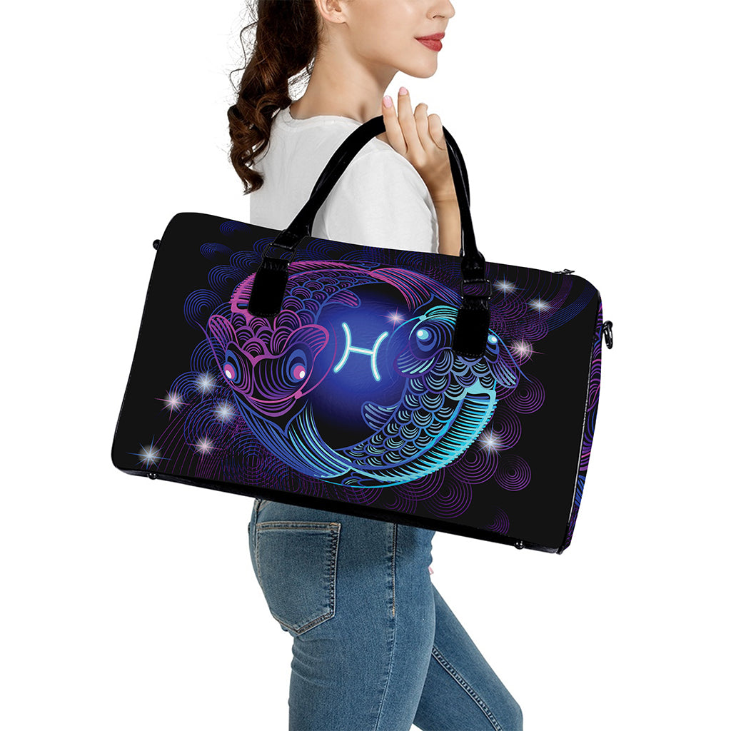 Dark Pisces Zodiac Sign Print Leather Duffle Bag