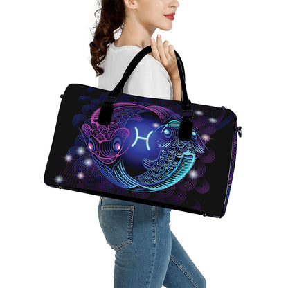 Dark Pisces Zodiac Sign Print Leather Duffle Bag