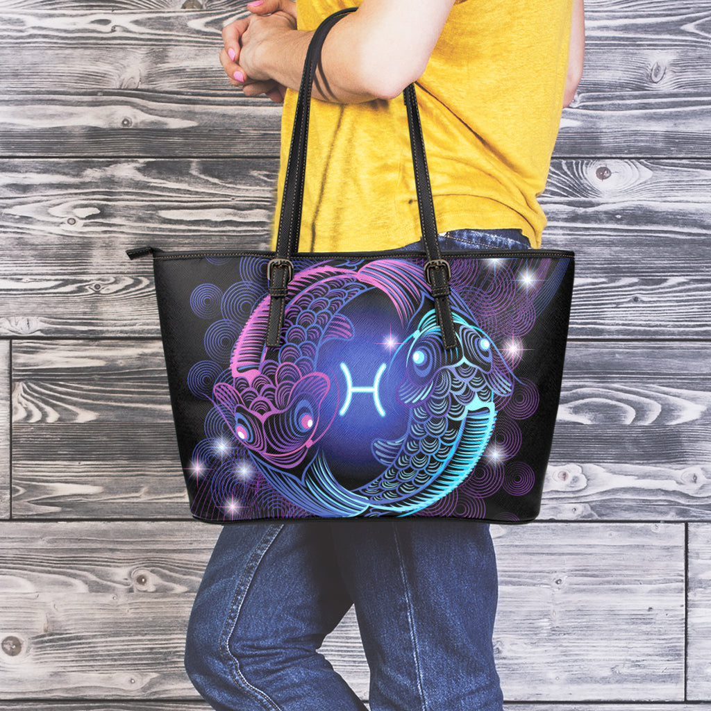 Dark Pisces Zodiac Sign Print Leather Tote Bag