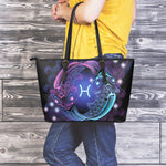 Dark Pisces Zodiac Sign Print Leather Tote Bag