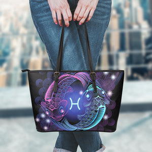 Dark Pisces Zodiac Sign Print Leather Tote Bag