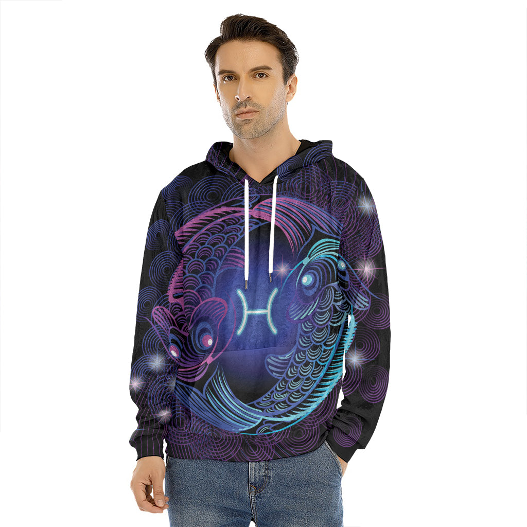 Dark Pisces Zodiac Sign Print Men's Velvet Pullover Hoodie