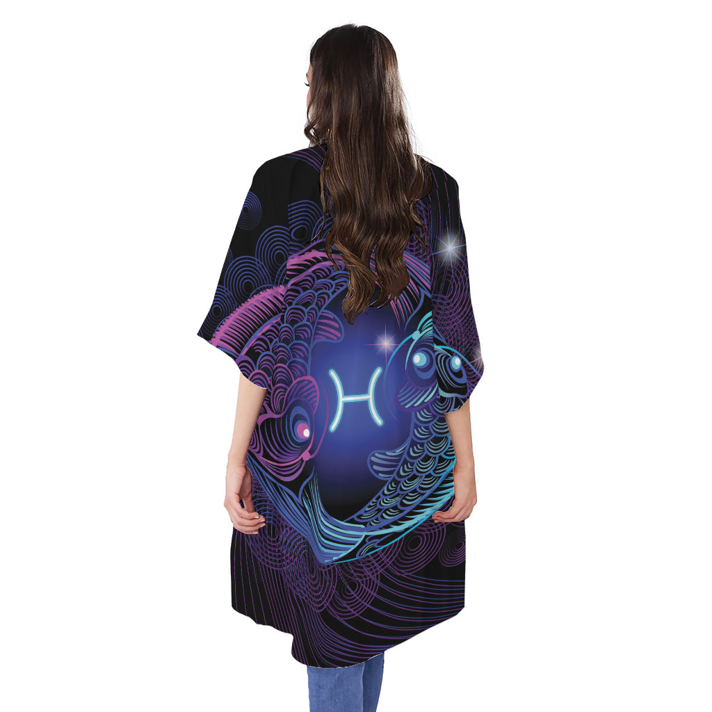 Dark Pisces Zodiac Sign Print Open Front Beach Cover Up