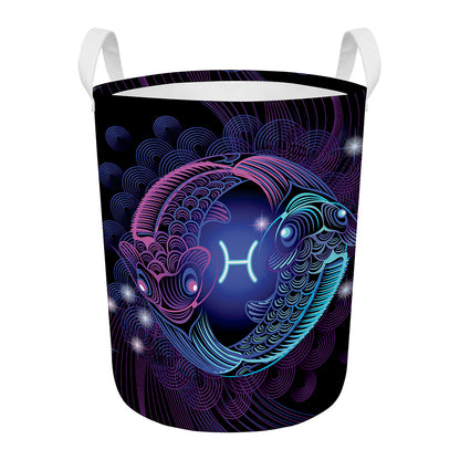 Dark Pisces Zodiac Sign Print Round Laundry Basket