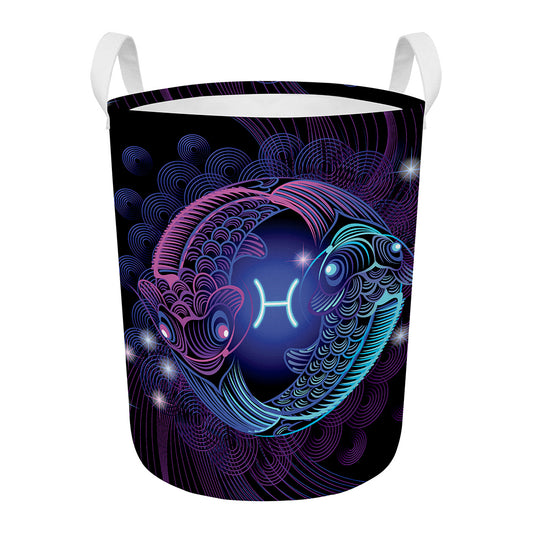 Dark Pisces Zodiac Sign Print Round Laundry Basket