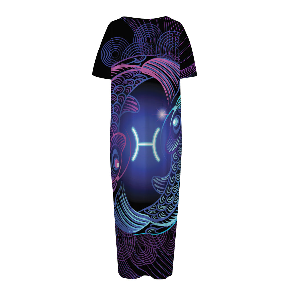 Dark Pisces Zodiac Sign Print Short Sleeve Long Nightdress