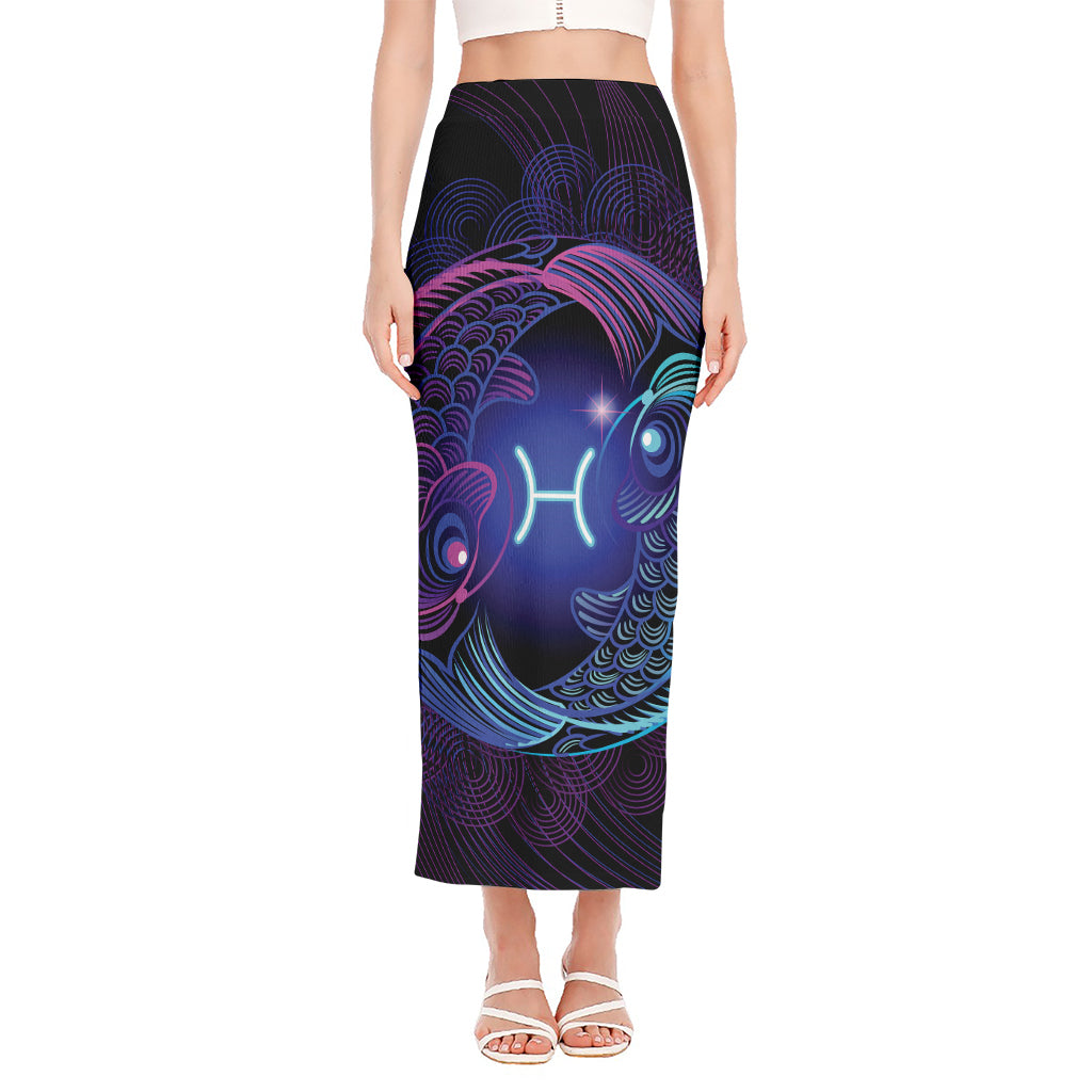 Dark Pisces Zodiac Sign Print Side Slit Maxi Skirt