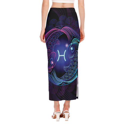 Dark Pisces Zodiac Sign Print Side Slit Maxi Skirt