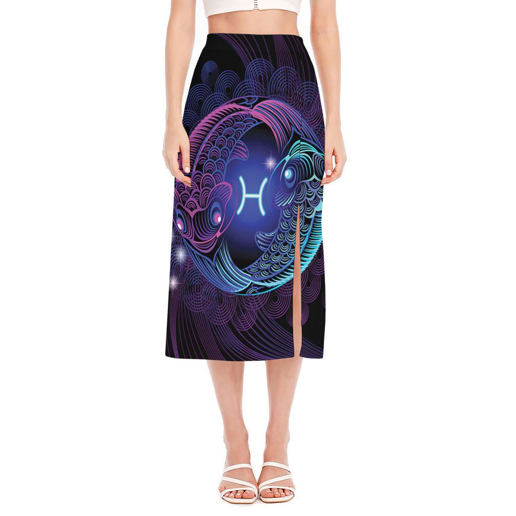 Dark Pisces Zodiac Sign Print Side Slit Midi Skirt