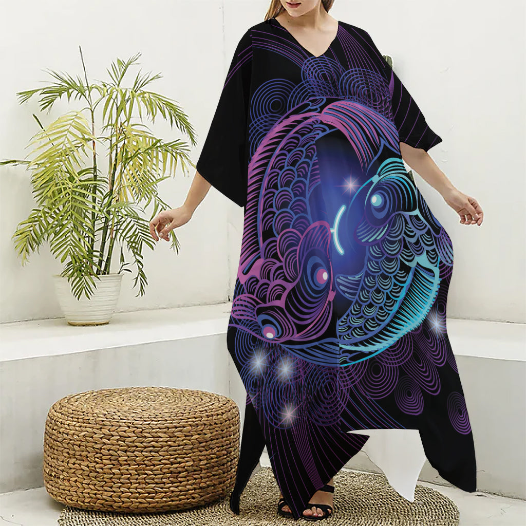 Dark Pisces Zodiac Sign Print Silk V-Neck Kaftan Dress