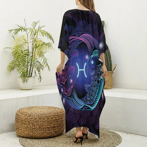 Dark Pisces Zodiac Sign Print Silk V-Neck Kaftan Dress