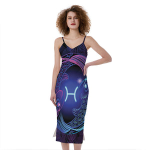 Dark Pisces Zodiac Sign Print Slim Fit Midi Cami Dress