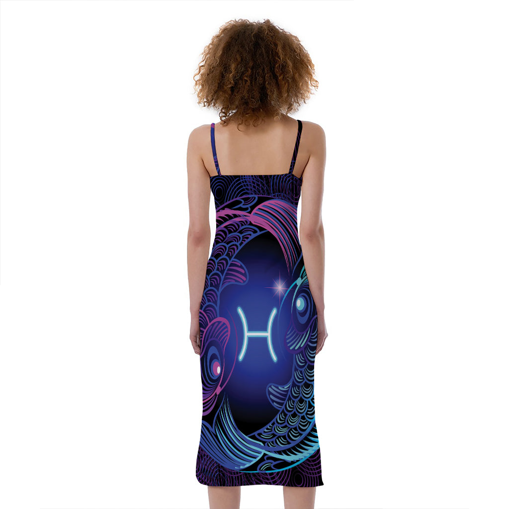 Dark Pisces Zodiac Sign Print Slim Fit Midi Cami Dress