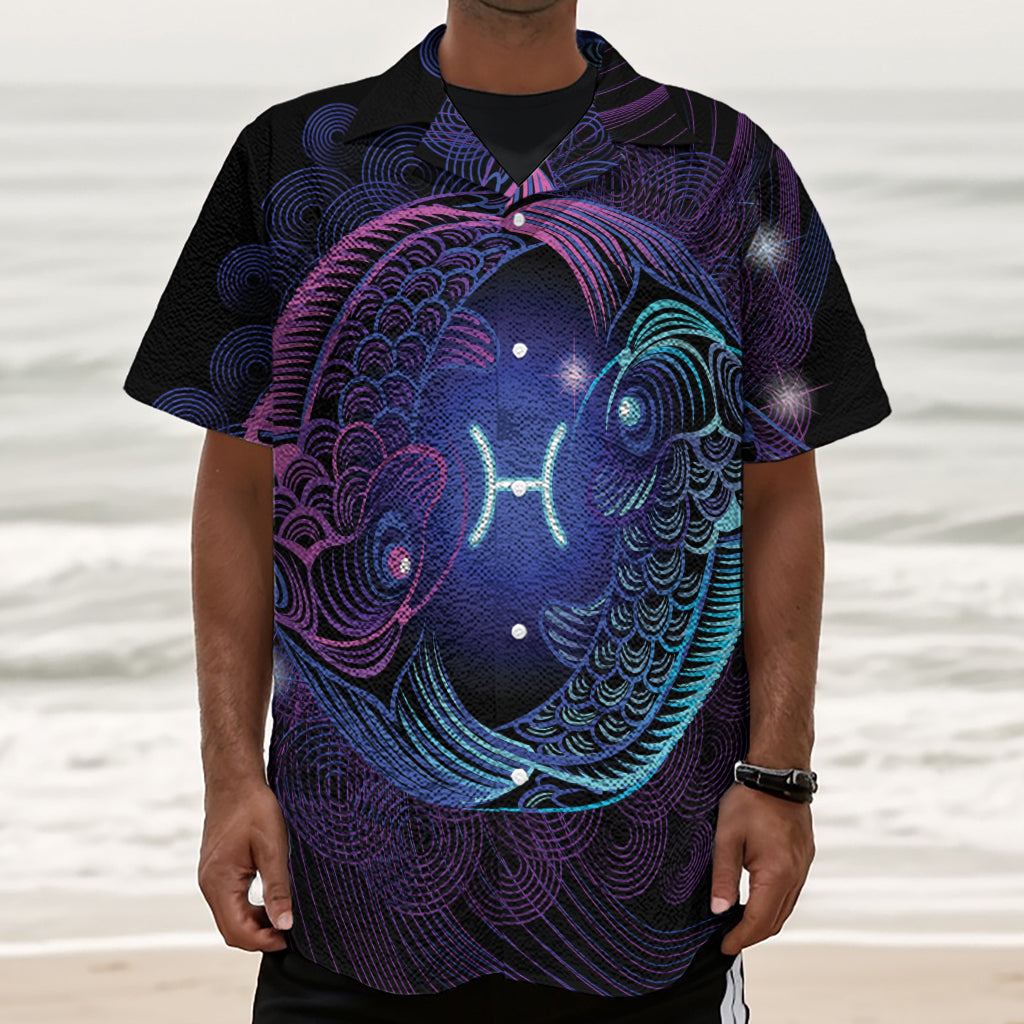 Dark Pisces Zodiac Sign Print Textured Short Sleeve Shirt