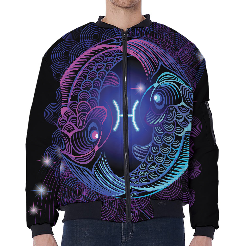 Dark Pisces Zodiac Sign Print Zip Sleeve Bomber Jacket