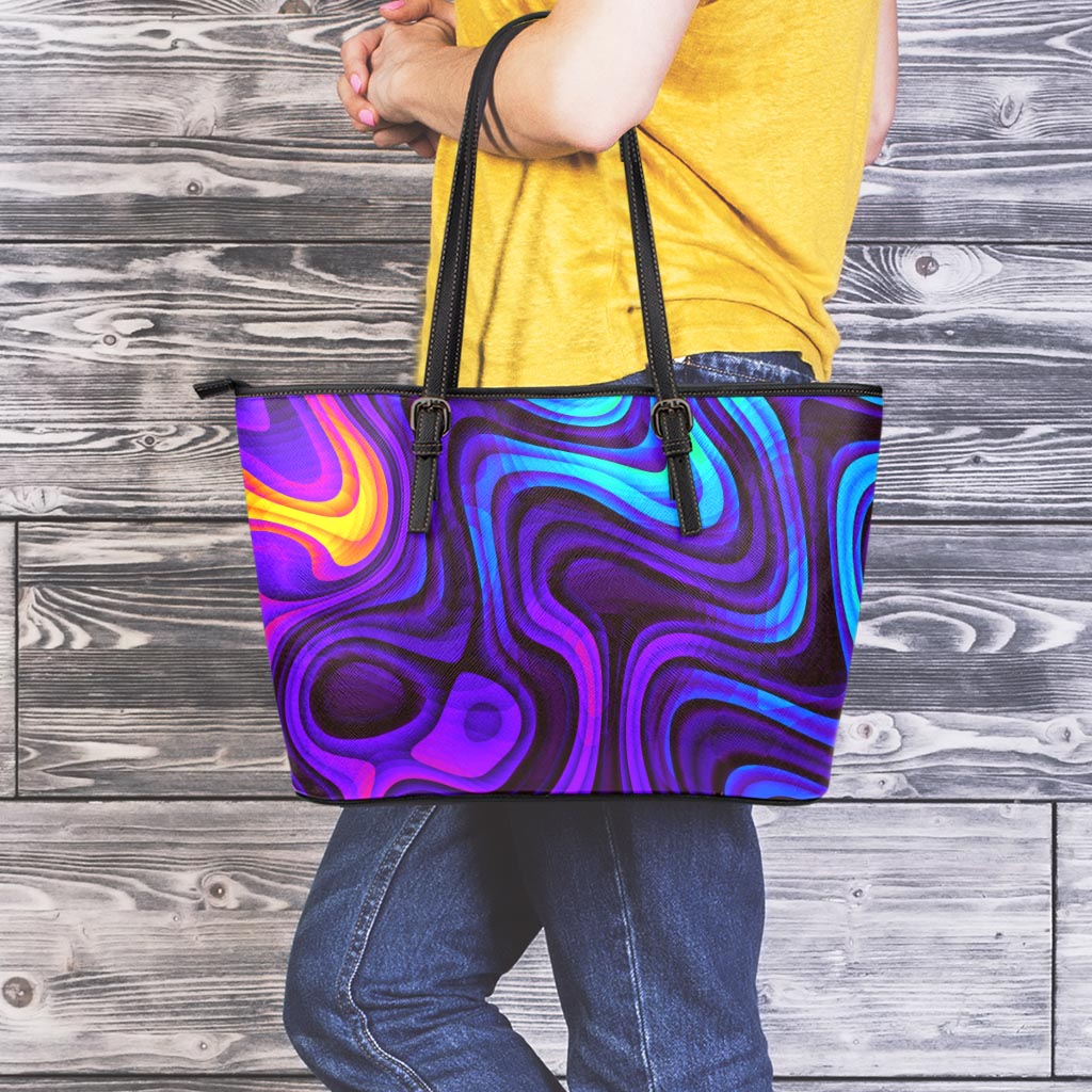 Dark Psychedelic Trippy Print Leather Tote Bag