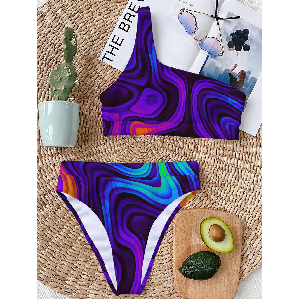 Dark Psychedelic Trippy Print One Shoulder Bikini Top