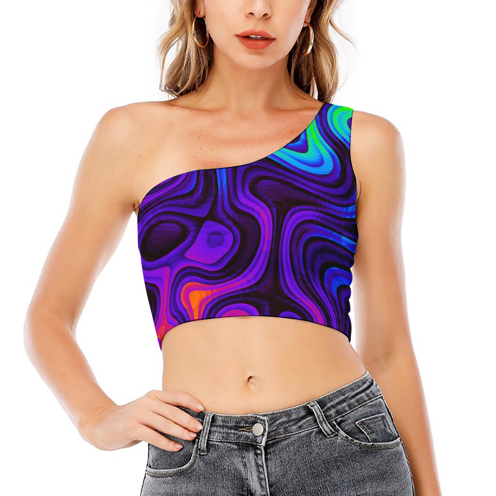 Dark Psychedelic Trippy Print One Shoulder Crop Top