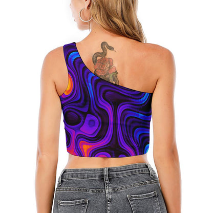 Dark Psychedelic Trippy Print One Shoulder Crop Top