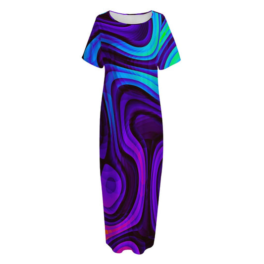 Dark Psychedelic Trippy Print Short Sleeve Long Nightdress