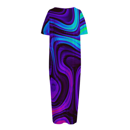 Dark Psychedelic Trippy Print Short Sleeve Long Nightdress