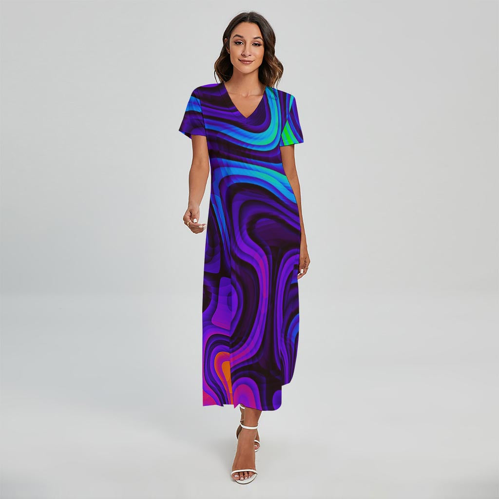 Dark Psychedelic Trippy Print Short Sleeve Maxi Dress