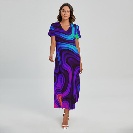 Dark Psychedelic Trippy Print Short Sleeve Maxi Dress