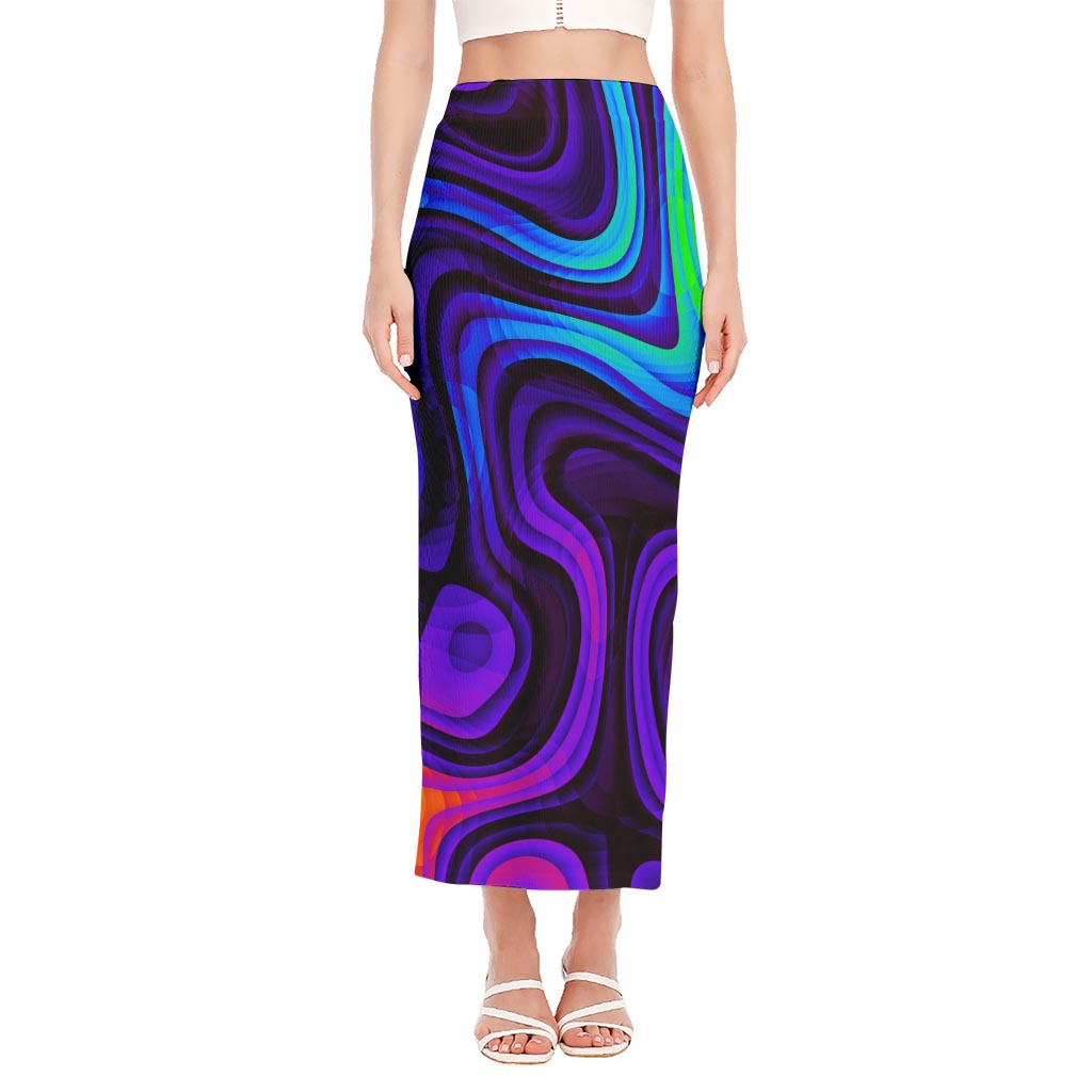Dark Psychedelic Trippy Print Side Slit Maxi Skirt