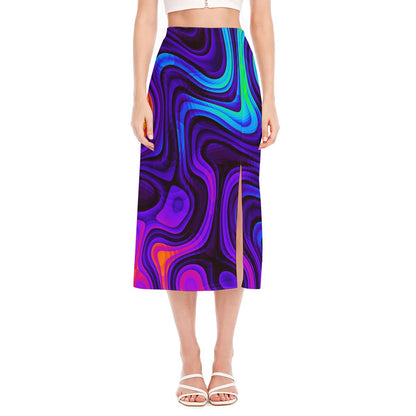 Dark Psychedelic Trippy Print Side Slit Midi Skirt