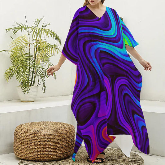 Dark Psychedelic Trippy Print Silk V-Neck Kaftan Dress